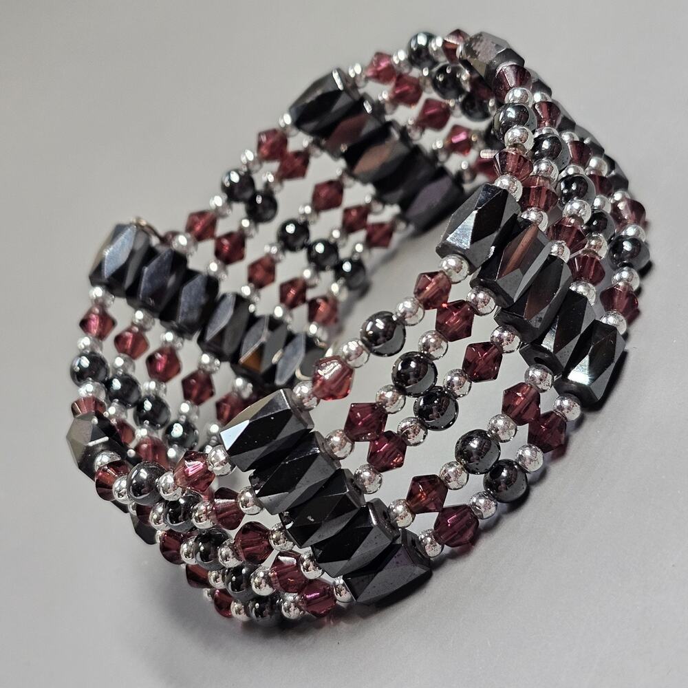 Magnetic Black Hematite Burgundy Red & Gray Crystal Bead Wrap Bracelet Necklace